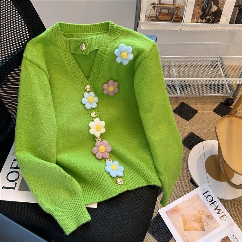 Korean Fashion Loose Autumn Winter Thin Buttons Patchwork Sweet Solid Color O-neck Long Sleeve Women Clothing Pullovers Cardigan