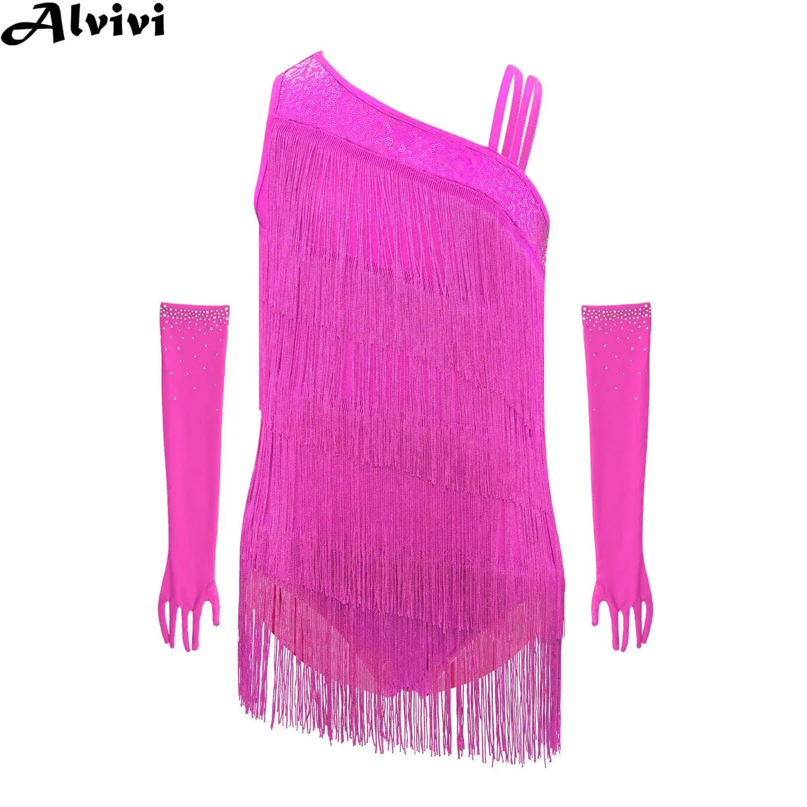 

Детский костюм для латинских джазовых танцев для девочек, костюм для фигурного катания, бальных танцев, ча-ча, танго, самба, румба, купальник с кисточками, сетчатые перчатки, танцевальная одежда