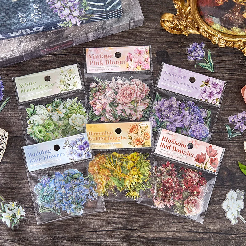Vintage Goldfolien-Blumen-Aufkleber-Set, Szenenbau-Aufkleber für Journaling, Verzierungen für Notizbücher & Geschenkboxen