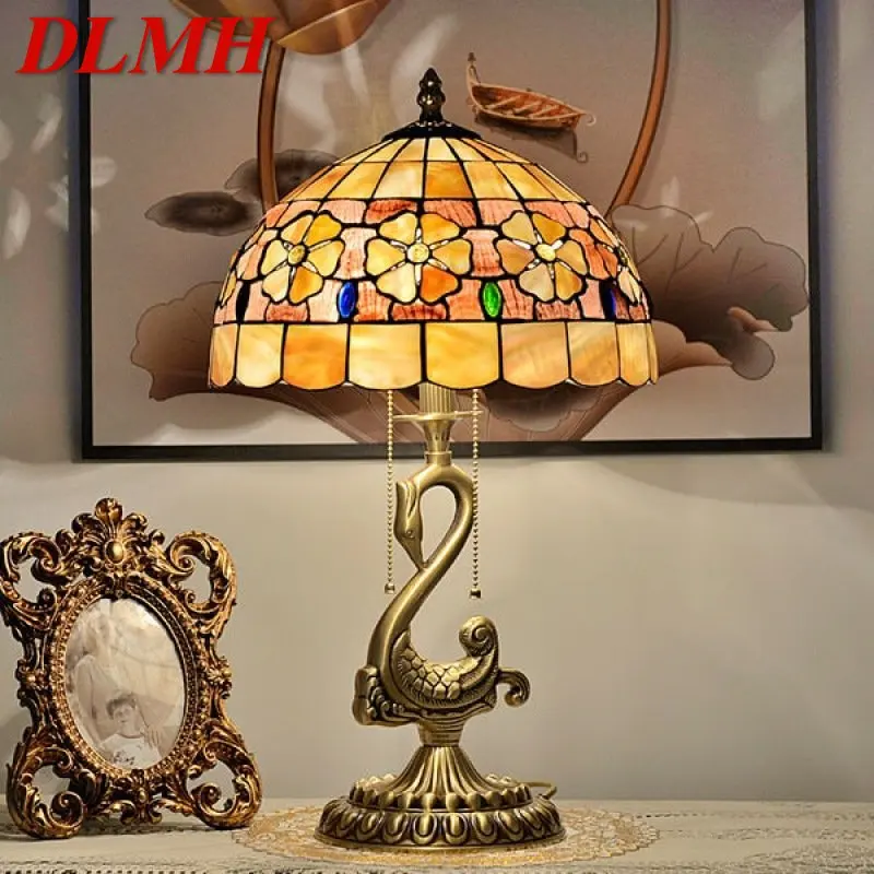 

DLMH Modern Brass Table Lamp LED European Tiffany Shell Decor Retro Copper Desk Lights for Home Living Room Bedroom