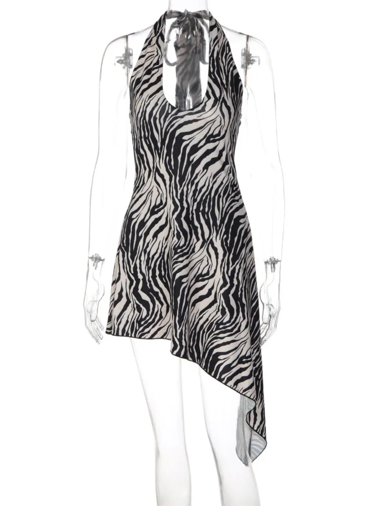 

New Dresses For Woman Fashion Animal Print Sexy Vestidos Backless Slim Irregular Halter Neck Diagonal Dress Leace-up Temperament