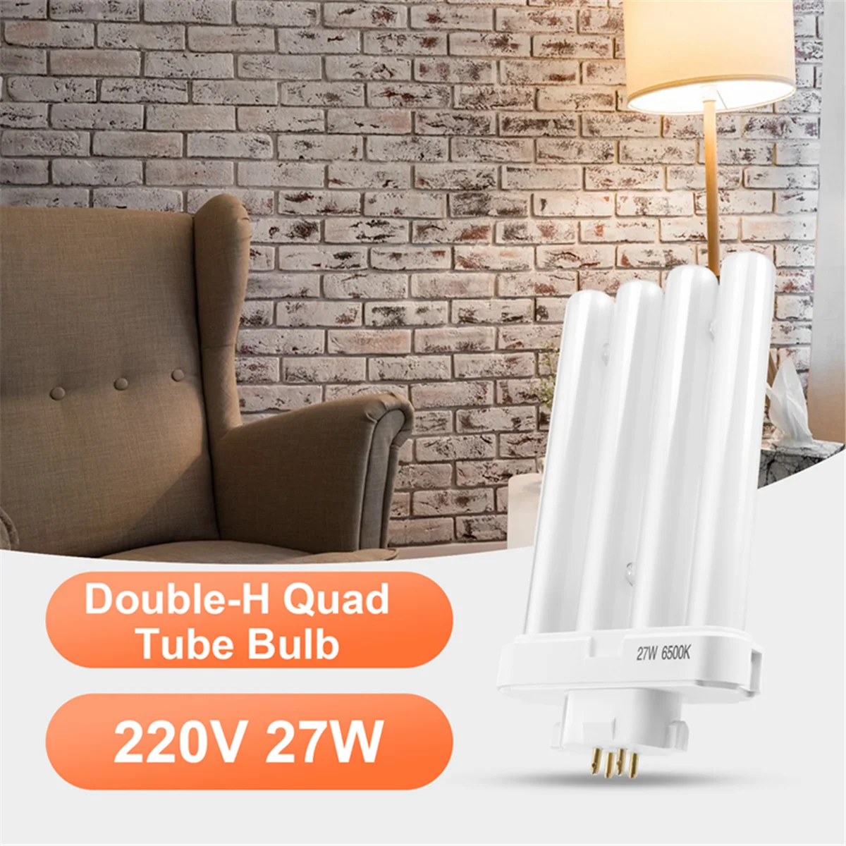 ABFKL 220V 27W 4 Pin Rows 6500K Double-H Quad Tube Compact Fluorescent Lamp Light Bulb