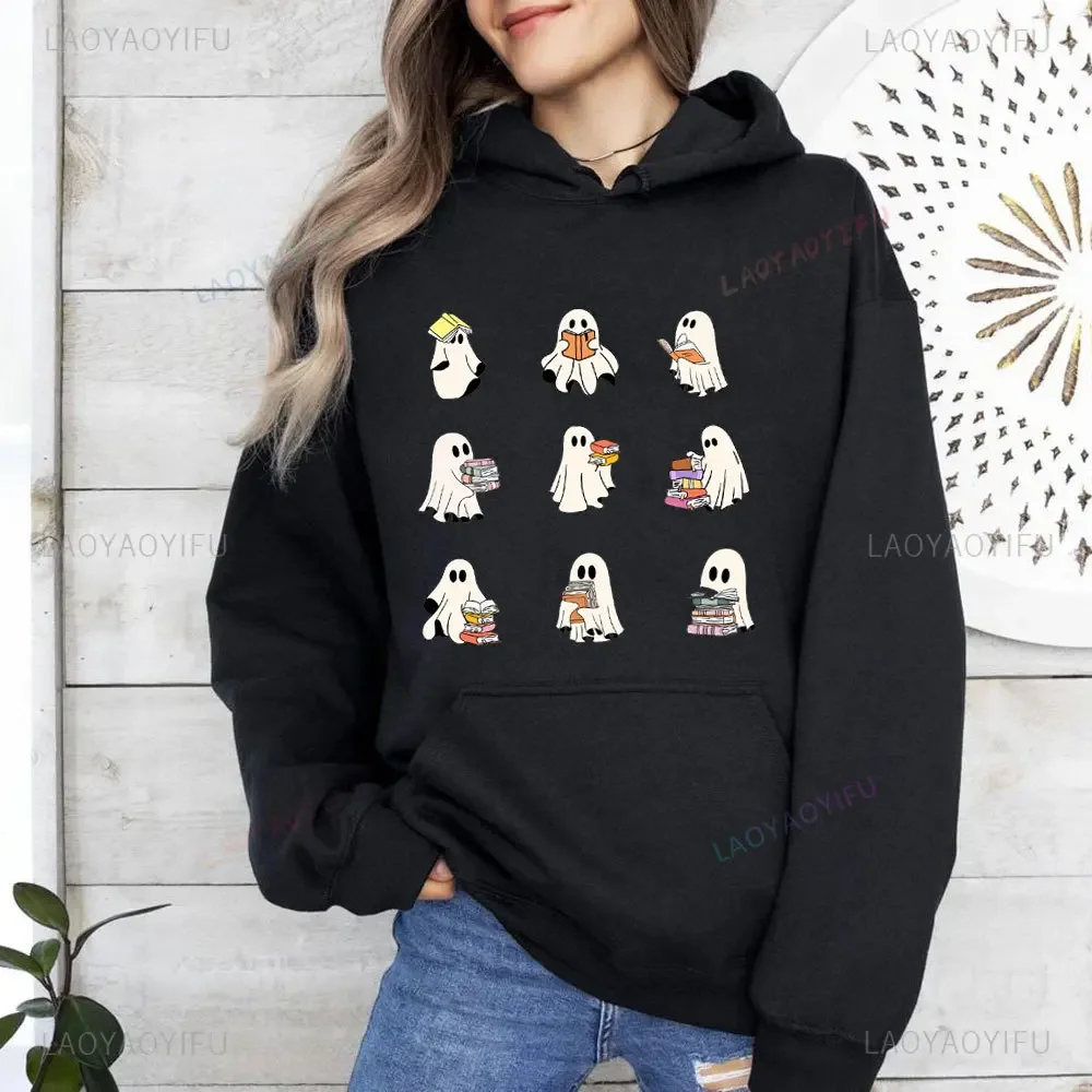 Kawaii Ghost Hoodie Halloween Pullover Halloween Women Hoodies Spooky Season Man Warm Trick or Treat Autumn Winter Sweatshirts