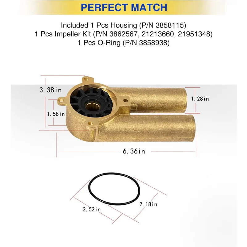 3858229,3858115 All Metal Raw Water Sea Pump Impeller Housing with Impeller for Volvo Penta Engines V6, V8, 4.3L, 5.0L, 5.7L