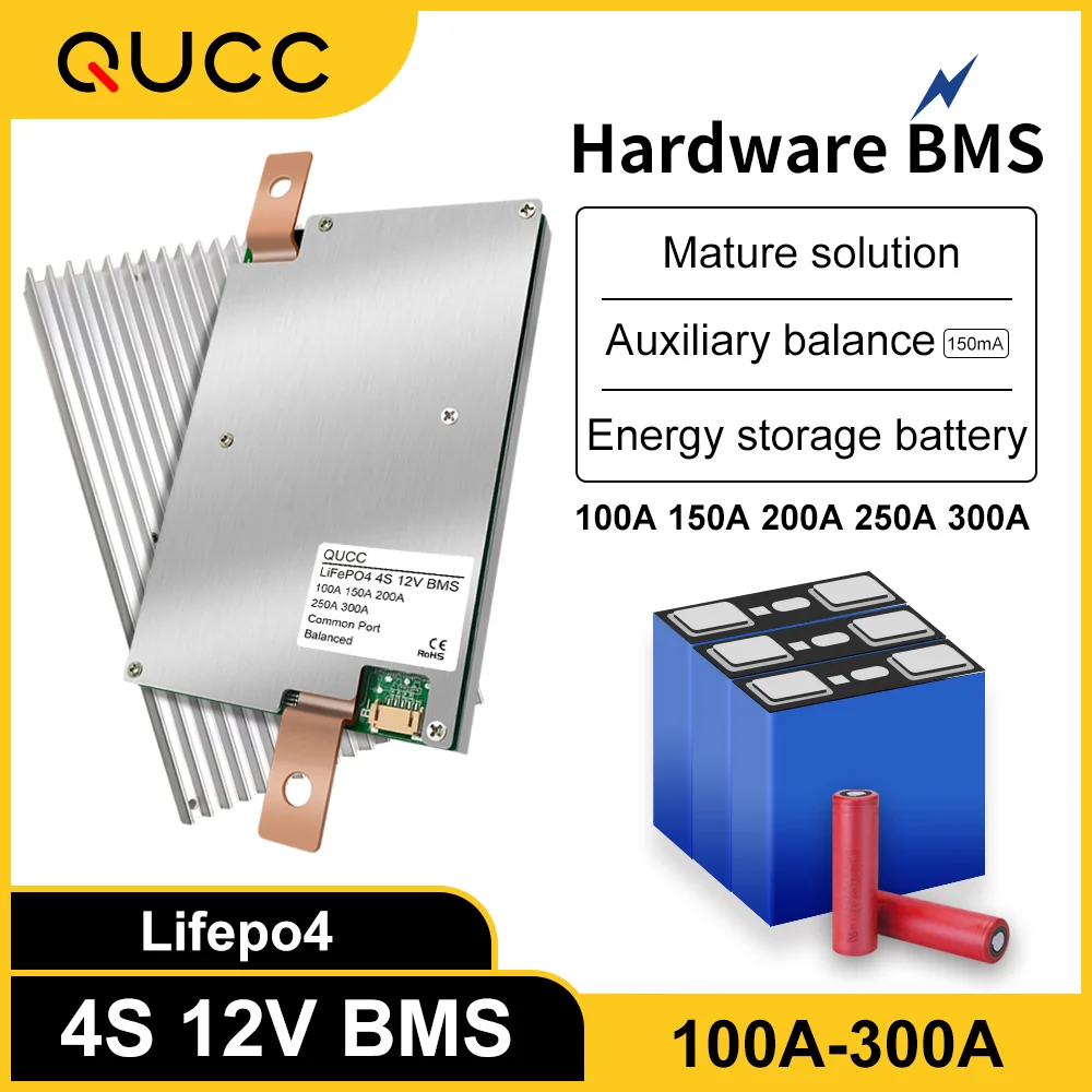 Qucc-inversor de energía Solar Lifepo4 BMS, placa de protección de 3,2 V, batería de litio, Bms con equilibrio, 300A, 250A, 200A, 150A, 100A