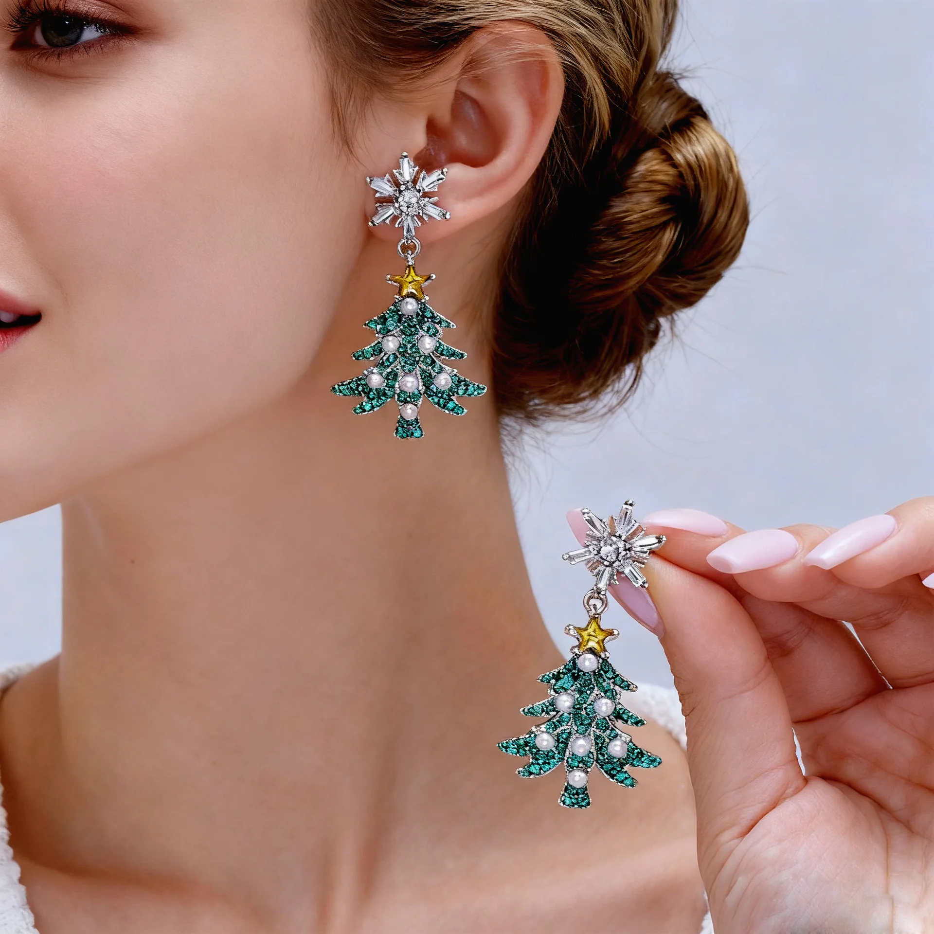 

Christmas Atmosphere Earrings Fashion Diamond Studded Tree Earrings Cute Versatile Stainless Steel Earrings for Girls