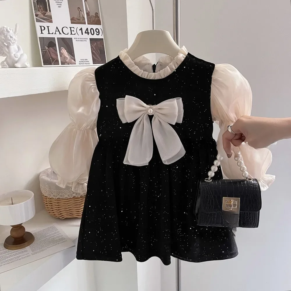 Korean Version Baby Girl Clothes Bow Decoration Princess Dresses Autumn and Winter White Bubble Sleeves Birthday Party Dress