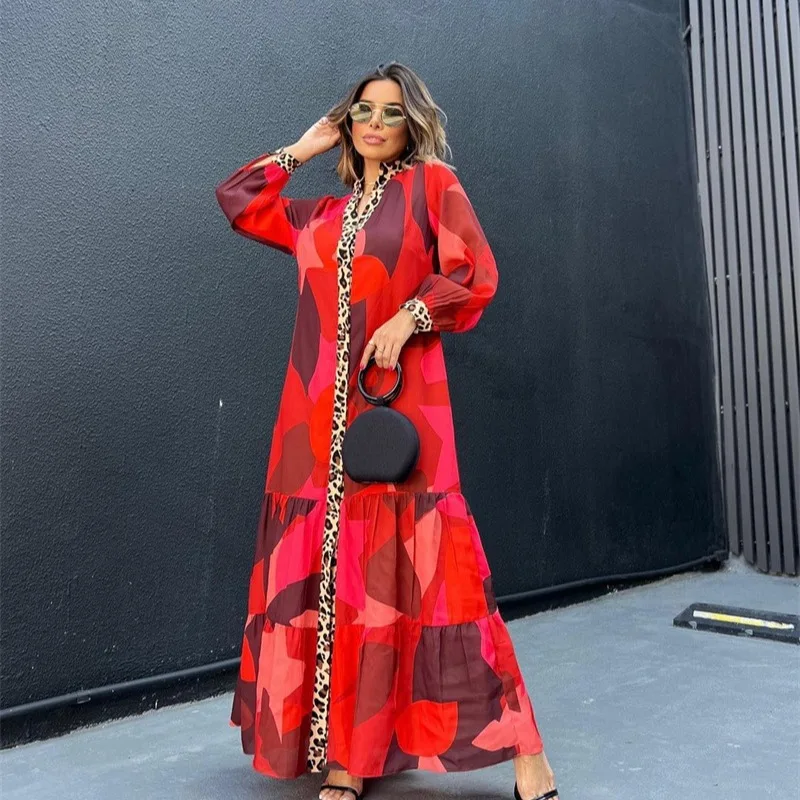 

New fashionable bright printing splicing buckle dress casual simple versatile temperament elegant holiday style high-end dress
