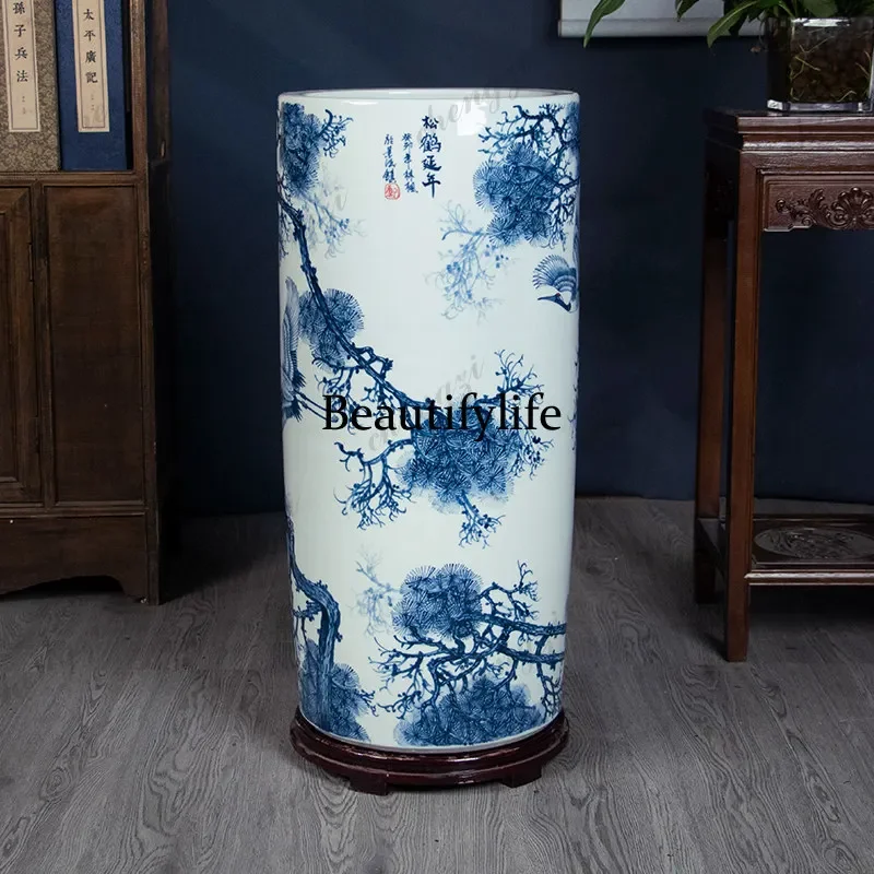B178 Jingdezhen ceramic Chinese hand-painted large painting and calligraphy scroll cylinder vase living room study floor ornamen