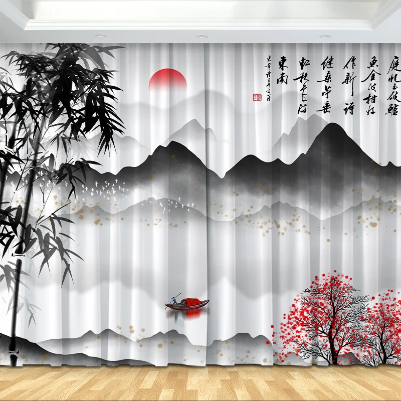 

Custom National Style Zen Ink Bamboo Shade Print Thick Curtain Hook Type Non-fading Bedroom Living Room Floor-to-ceiling 2Pcs