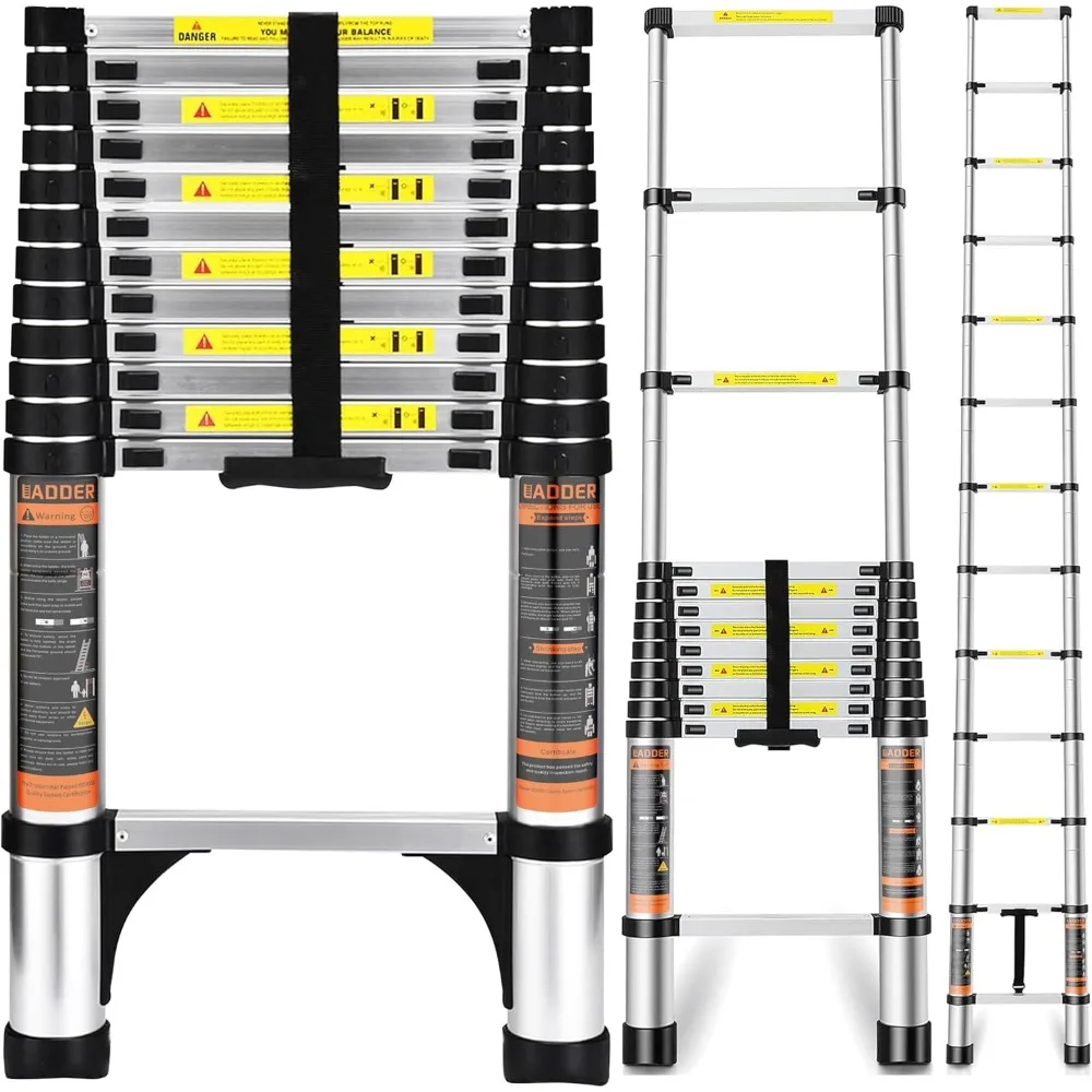 

Folding Telescoping Ladder (Black Silver), 12.5 FT Aluminum Extension Ladder Folding Compact Portable Anti-Slip Collapsible Ladd