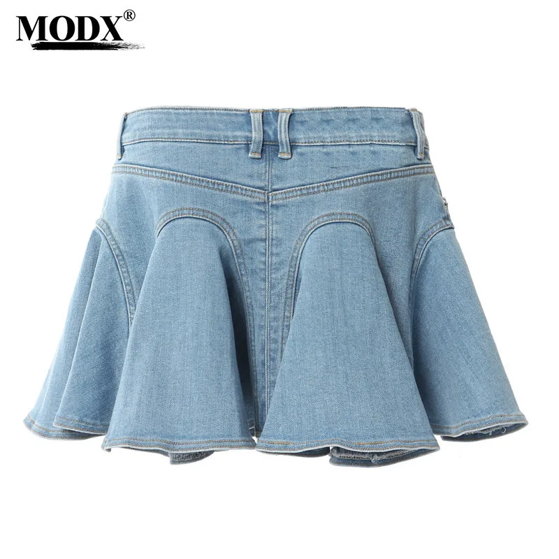 [MODX] 2024 New Edge Spliced Wash Water Elastic Denim Umbrella Structure Half Skirt Short Skirt For Women