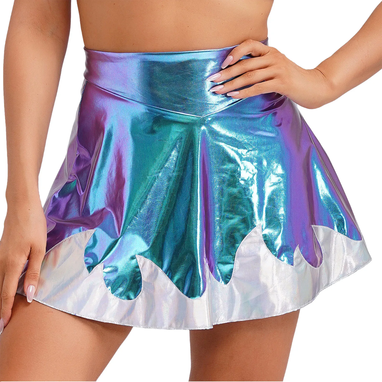 Womens Metallic Shiny Flared Mini Skirt Wet Look Fashion Pleated Skater Skirts Miniskirt Rave Nightclub Dance Party Clubwear