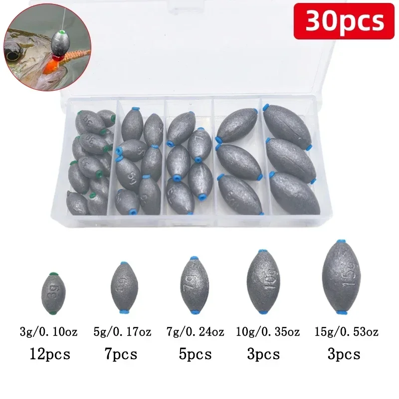 Set of 30/10 egg sinkers with storage box, oval lead sinkers, suitable for salt water fresh water