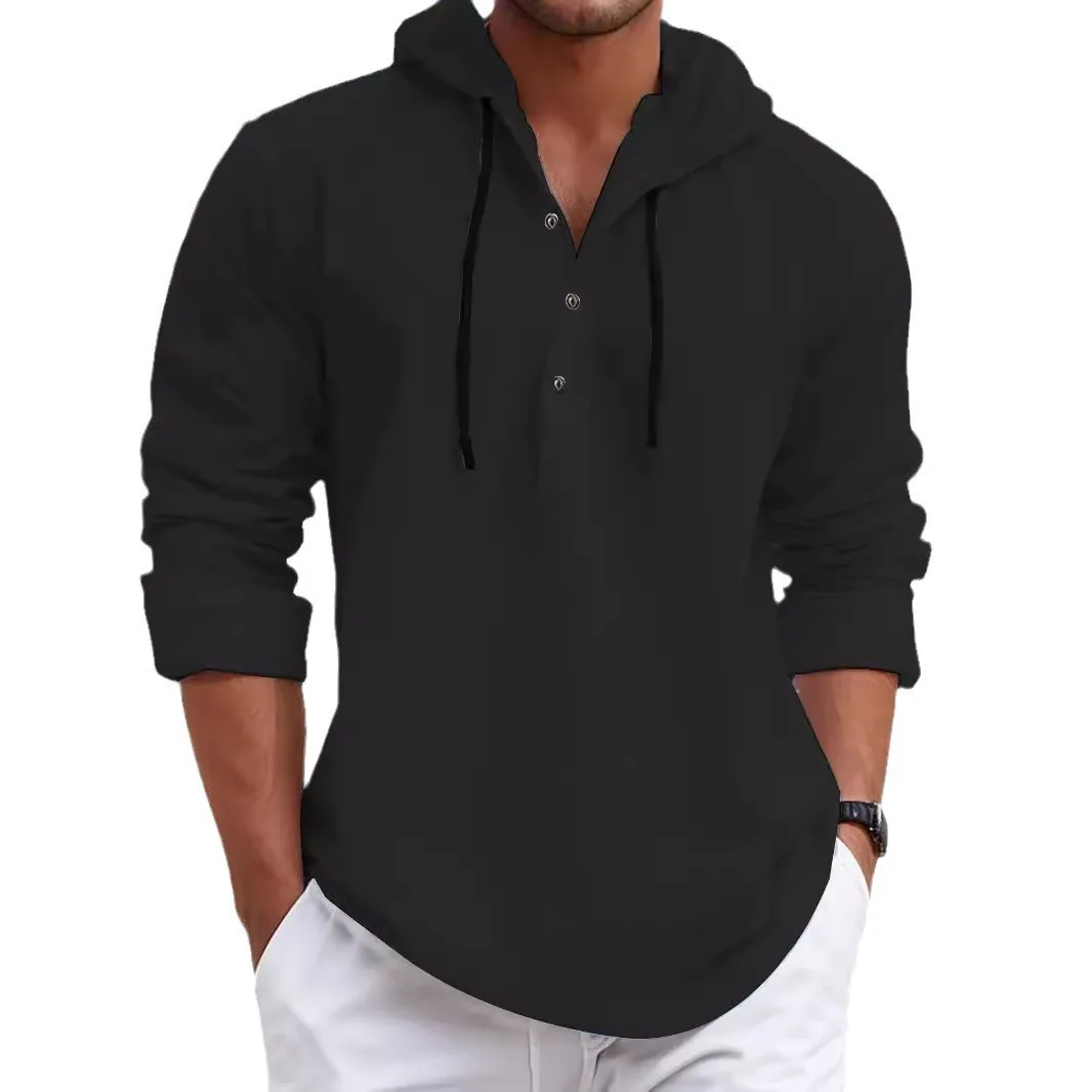 Fall 2024 New Casual Men's Pearl Cotton Small Twill Hooded Button-Up Shirt