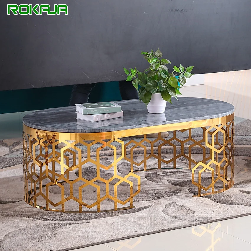 Luxury Metal Wire Coffee Table Marble Top Stainless Steel Golden Hollow Out Carved Oval Coffee Table Set