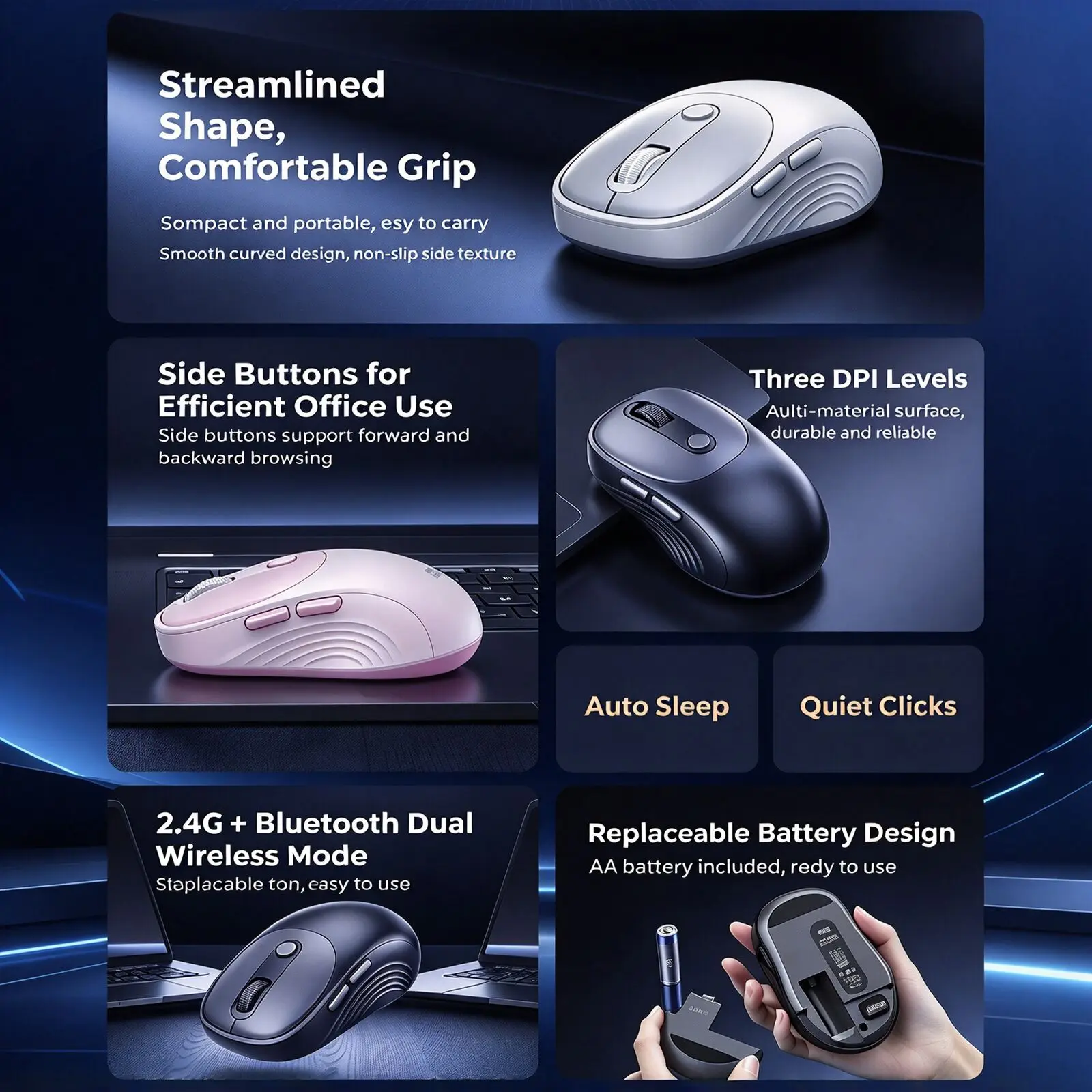 Wireless Mouse 2.4G & Bluetooth Dual Mode Silent Click 3 DPI Adjustable Ergonomic Side Button Portable Office Mice For Laptop PC