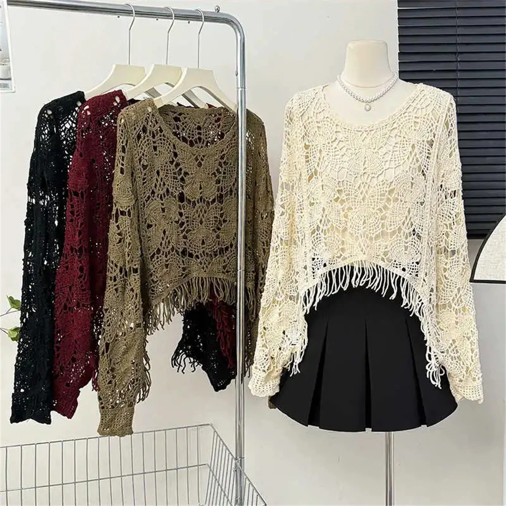 Bohemian Butterfly Crochet Cover Up Tops Women Beige Hollow Out Fringe Long Sleeve Cropped Summer Beach Casual Loose Knit Blouse