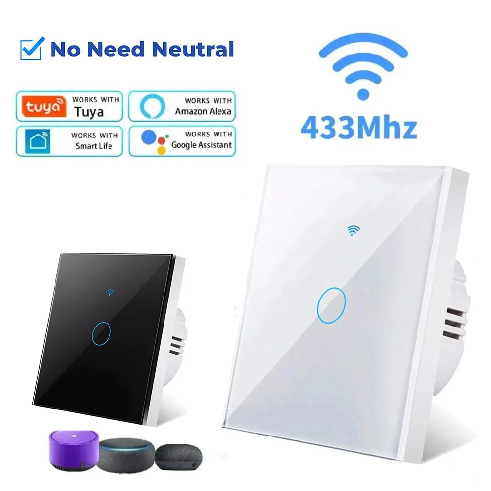 WiFi Smart Switch EU Light Wall Touch Switch 220V No Need Neutral Wire Tuya Smart Life Work with Alexa Google Home 1/2/3Gang