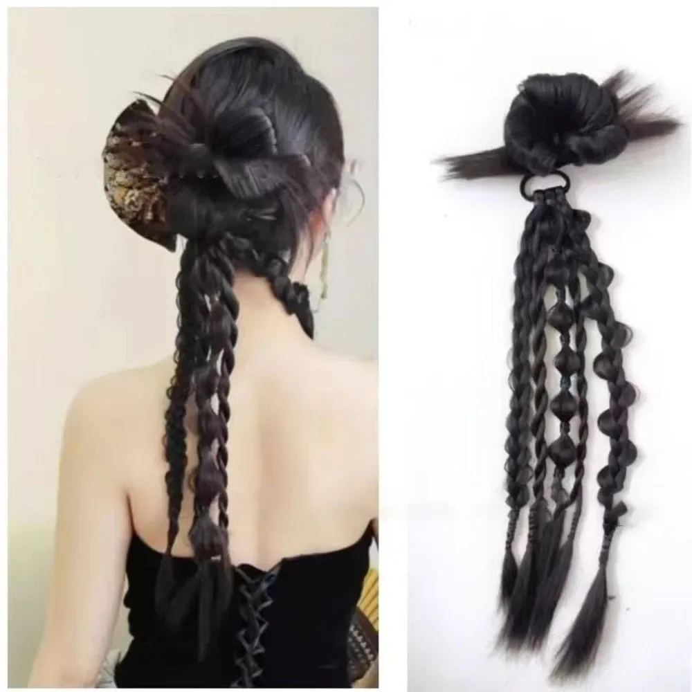 

Lantern Bubble Braid Synthetic Wig Ponytail Extension Black Hair Rope Chicken Feather Ball Head Bride Style