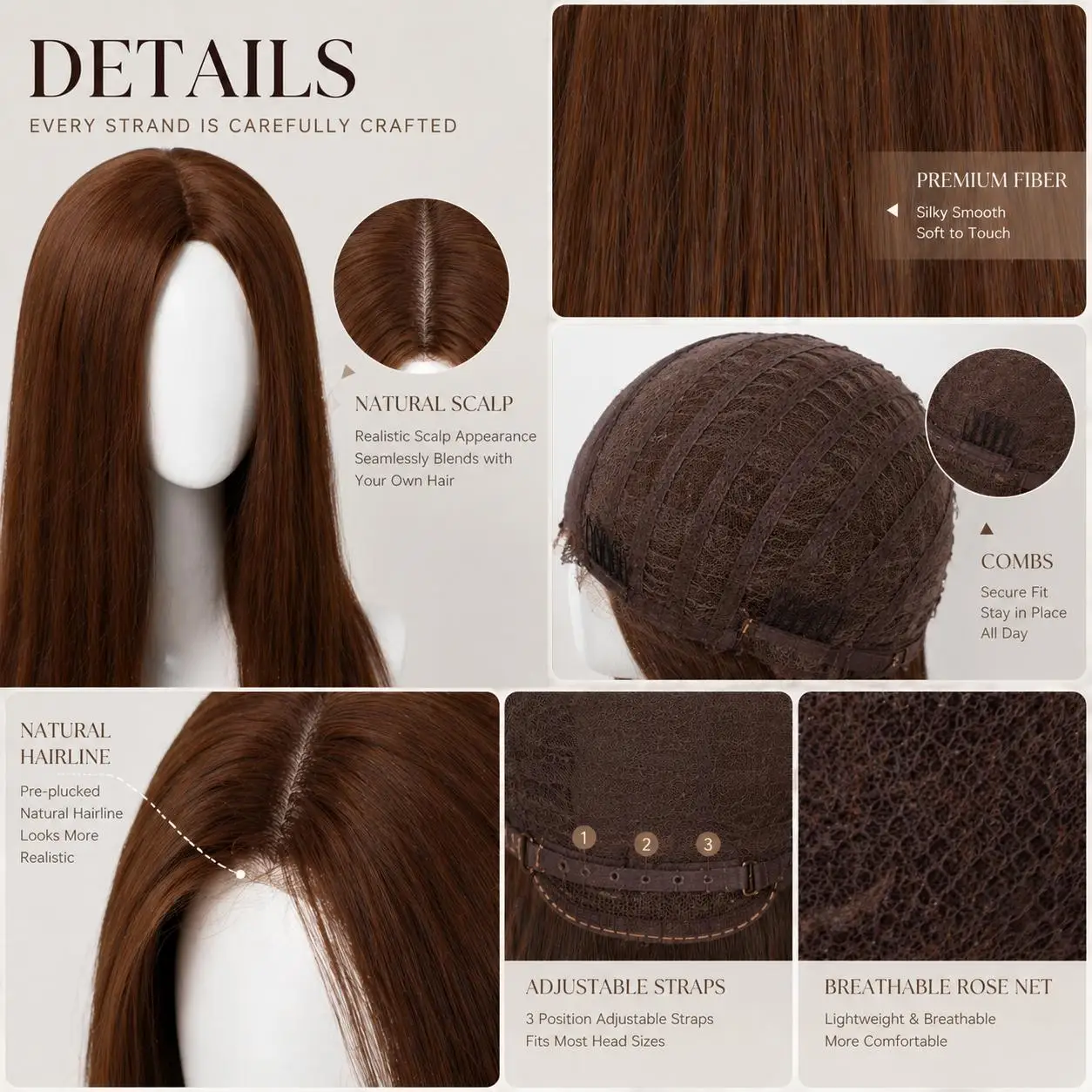 Women's caramel warm brown long straight hair wig, soft Y-shaped hair, natural medium, heat-resistant synthetic fiber