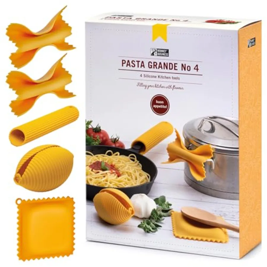 Utensilios de cocina Monkey BineSilic: 4 utensilios de cocina BiPas, empuñaduras para ollas Farfalloni, cuchara Rali, exprimidor de limón Conchig y utensilios para pasta Penne