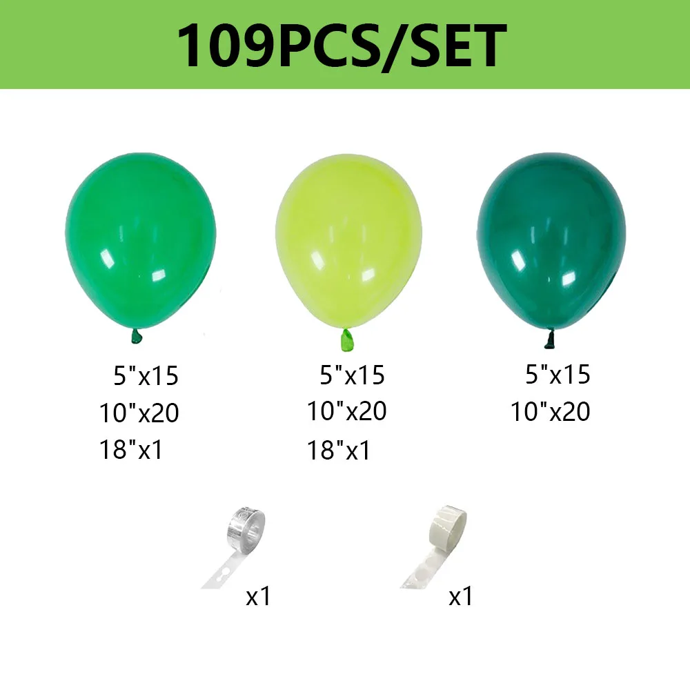 109pcs Different Sizes 18/10/12/5 Inch Balloons for Graduation Anniversary Green Jungle Forest Themed Birthday Party Decorations