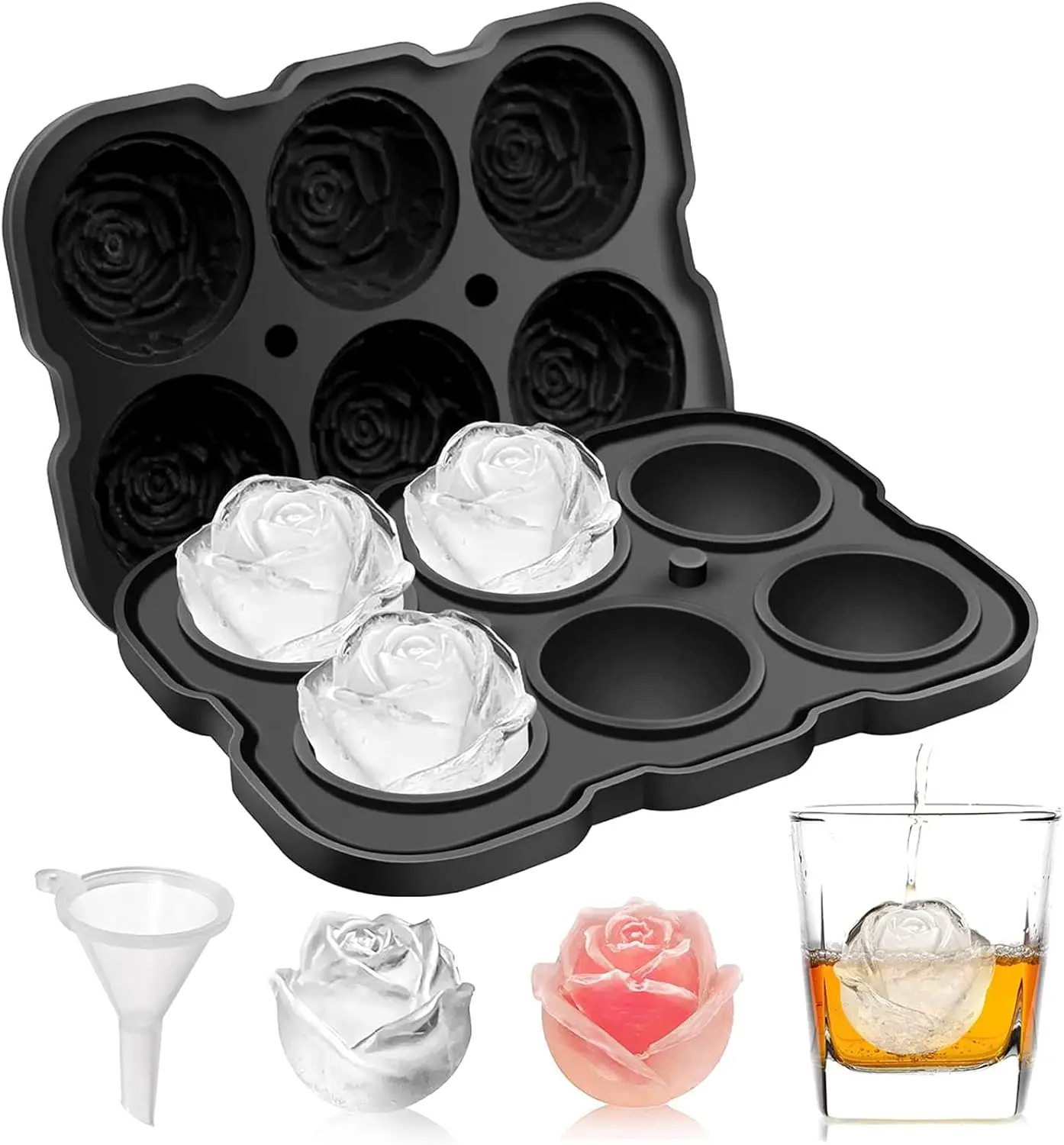 

Cube Tray, Mikiwon 2 inch Rose Ice Cube Trays With Covers, 6 Cavity Silicone Rose Ice Ball Maker, Easy Release Large Ice Cube Fo