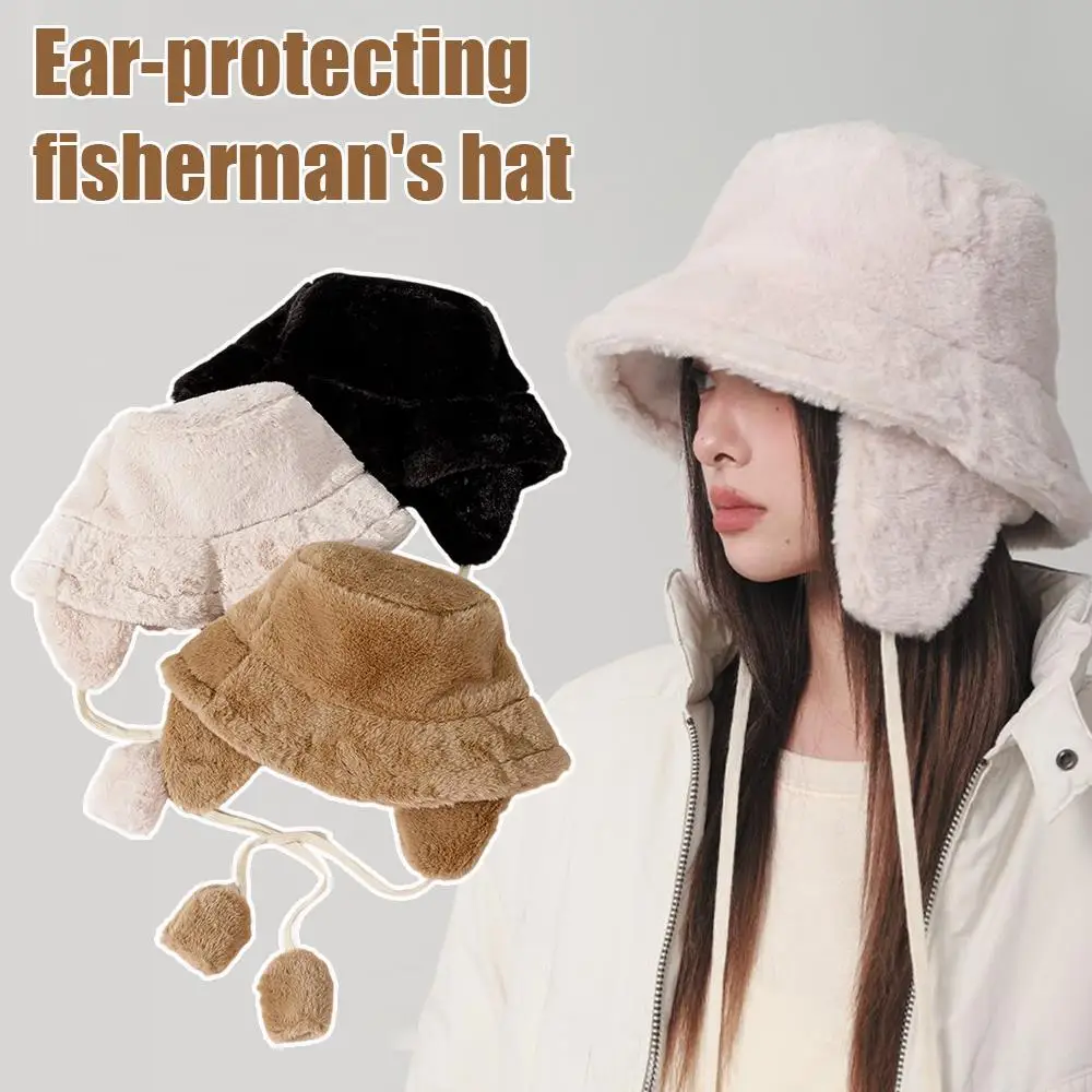 

Outdoor Cold-proof Thicken Barrel Cap Plush Ear Protection Fisherman Cap Faux Rabbit Fur Bucket Hat Lei Feng Hat Solid Color Cap