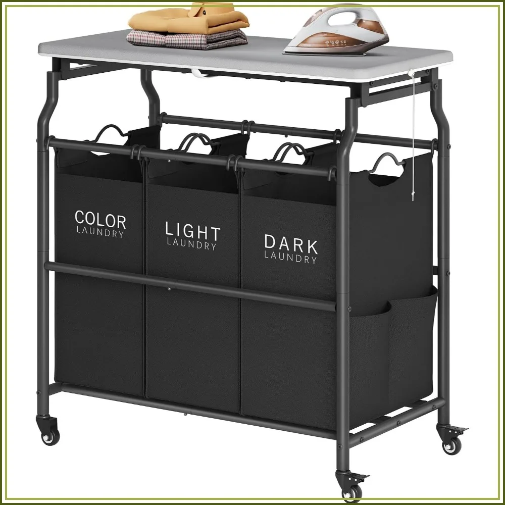 

3 Section Laundry Sorter Cart with Ironing Board, Heavy Duty Hamper with Removable Bags and Rolling Wheels, Large Clothes Organizer for Home, Black
