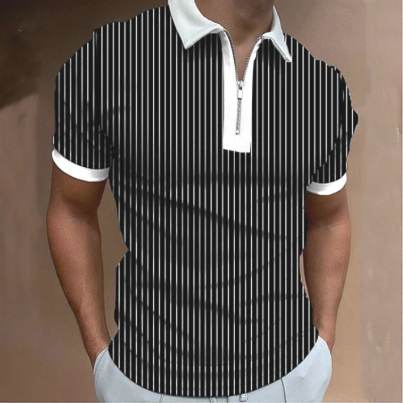 

Black line print Polo Shirt for Men Hawaiian 3D Print Zipper Polo Short Sleeve Summer Shirt