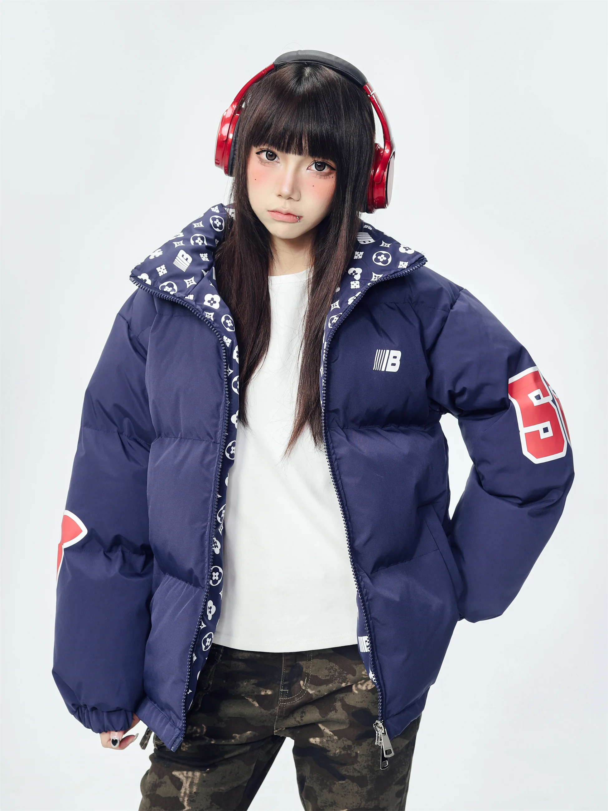 

KESOAK American Retro Collar Letter Print Thiened Cotton Jaet Winter Women's New Sle Warmth Cardigan Outerwear