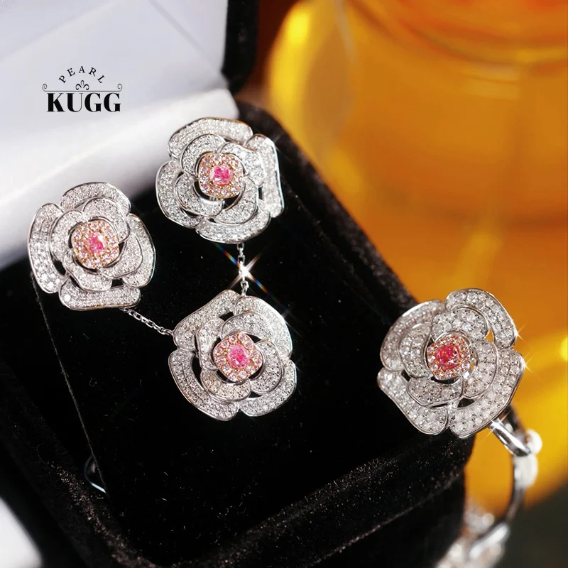 KUGG 100% 18K White Gold Rings Romantic Flower Shape Real Natural Pink Diamond Engagement Ring for Women High Party Jewelry