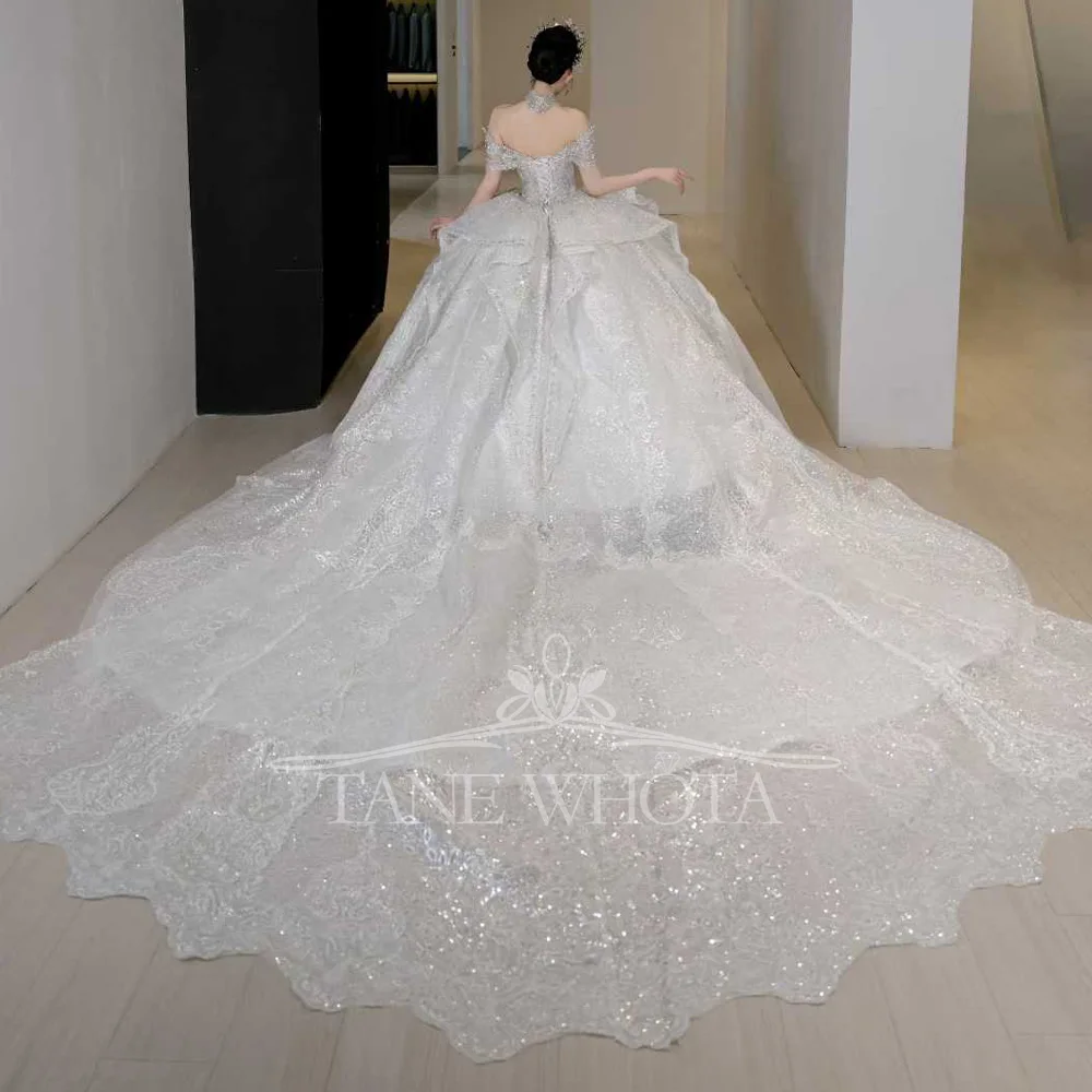 Robe de mariée personnalisable en dentelle chérie, épaules dénudées, robe de mariée à paillettes et perles