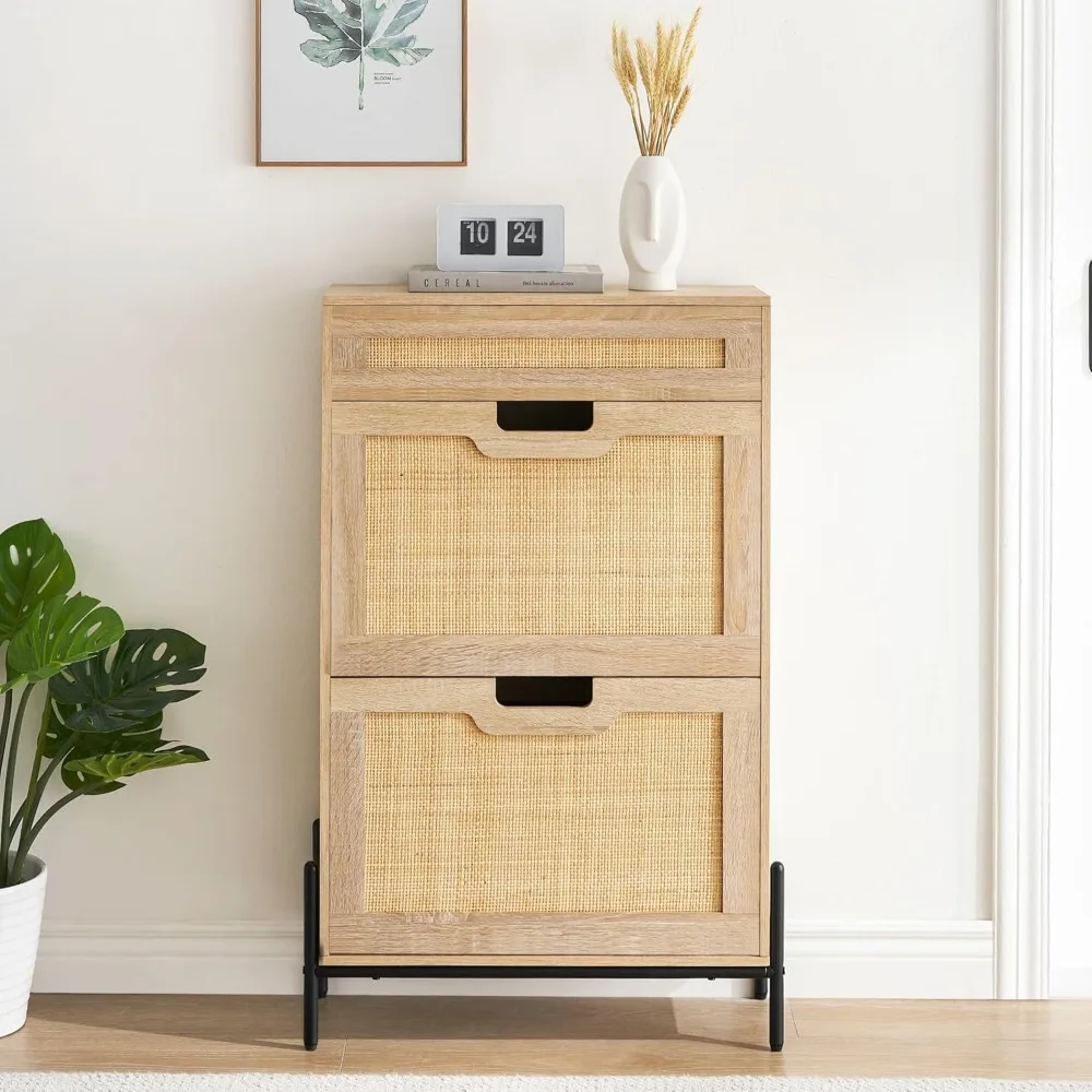 Natural Rattan 2 Flip Down with 1 Drawer Free-Standing Shoe Rack, Shoe Cabinet Wood Organizer Freestanding with 3-Tier