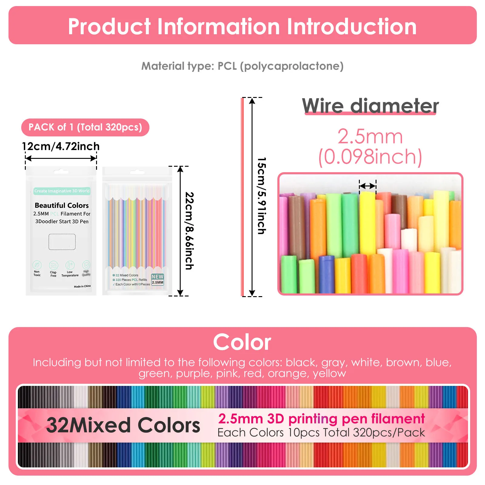 110/320PCS 32 Colors 3D Pen Filament Refills Compatible with 3Doodler Start+ 2.5mm 3D Printer Doodler Pen Refill Packs for Kids