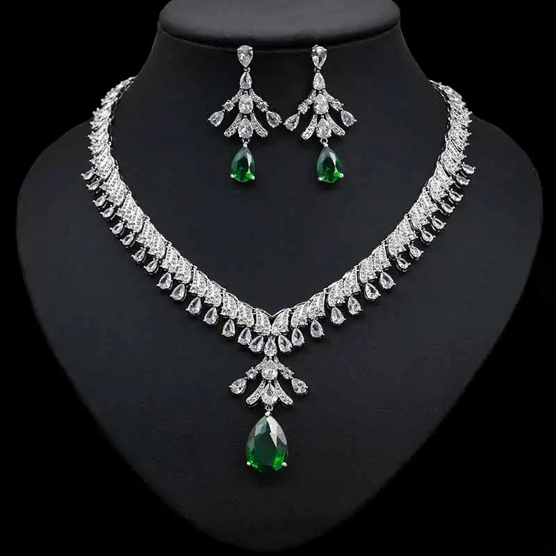 

HIBRIDE High Quality Water Drop Cubic Zirconia Crystal Wedding Necklace And Earring Sets Bridal Jewelry Sets For Women N-168