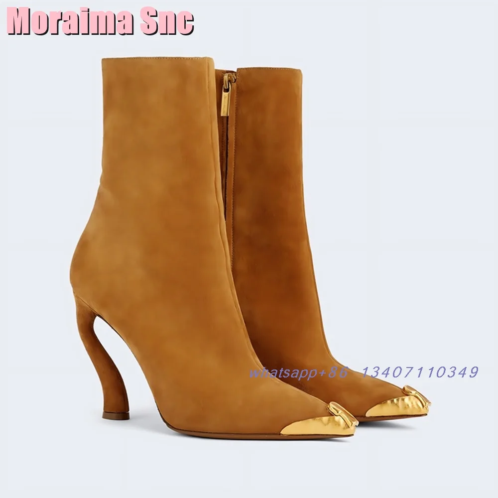 Strange High Heel Metal Pointed Toe Ankle Boots New Suede Leather Side Zipper Women's Short Boots Runway Fashion Brown Solid 202