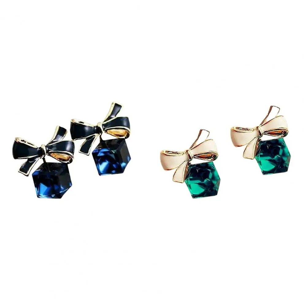 1 Pair Fashion Women Earring Faux Crystal Bowknot Cube Ear Stud Earring Jewelry Accessory for Party