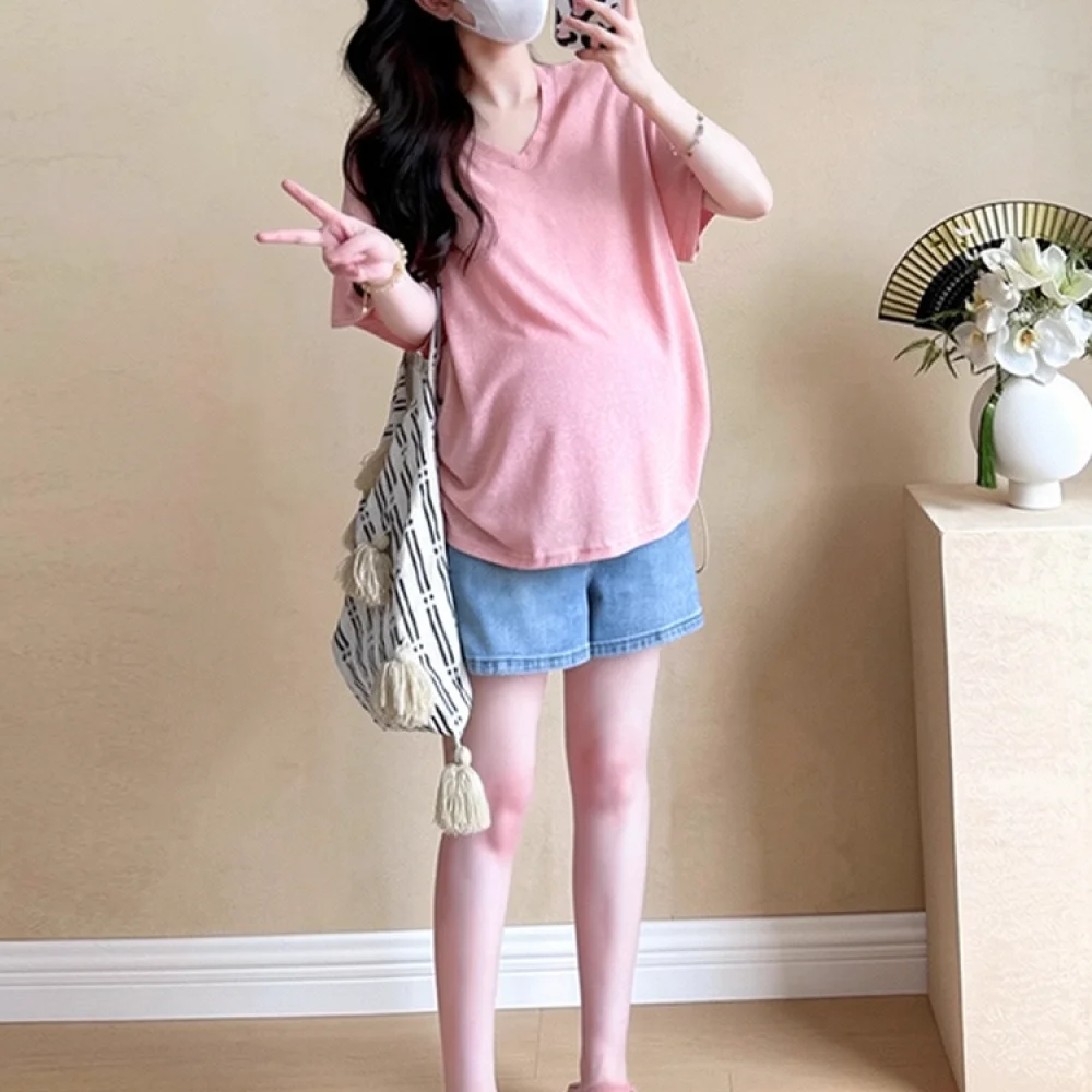 Maternity Summer Top V Neck Short Sleeve Loose Tee Adjustable Drawstring Casual Pregnancy Clothing Breathable Shirt