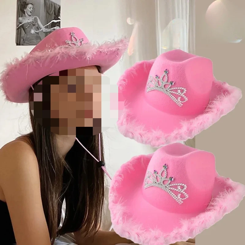 

Pink Cowboy Hats for Women Girls Wide Brim Western Hats Y2K Glitter Crown Sequin Feather Caps Cowgirl Party Costume Accessories