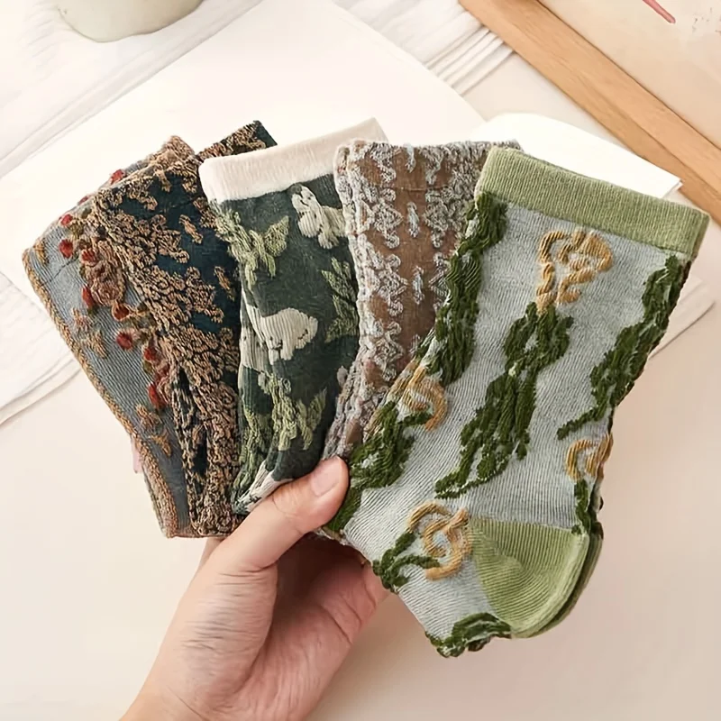 

5 пар женских носков средней длины со свежим лесным растением и цветами, удобные и мягкие повседневные носки в стиле ретро с цветочным принтом