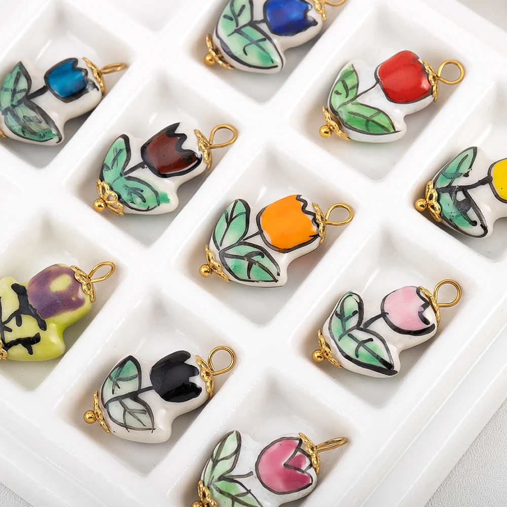 2 قطعة المعلقات زهرة السيراميك رسمت الفولاذ المقاوم للصدأ سحر ملون DIY بها بنفسك صنع المجوهرات أساور القرط اكسسوارات الحرف #4