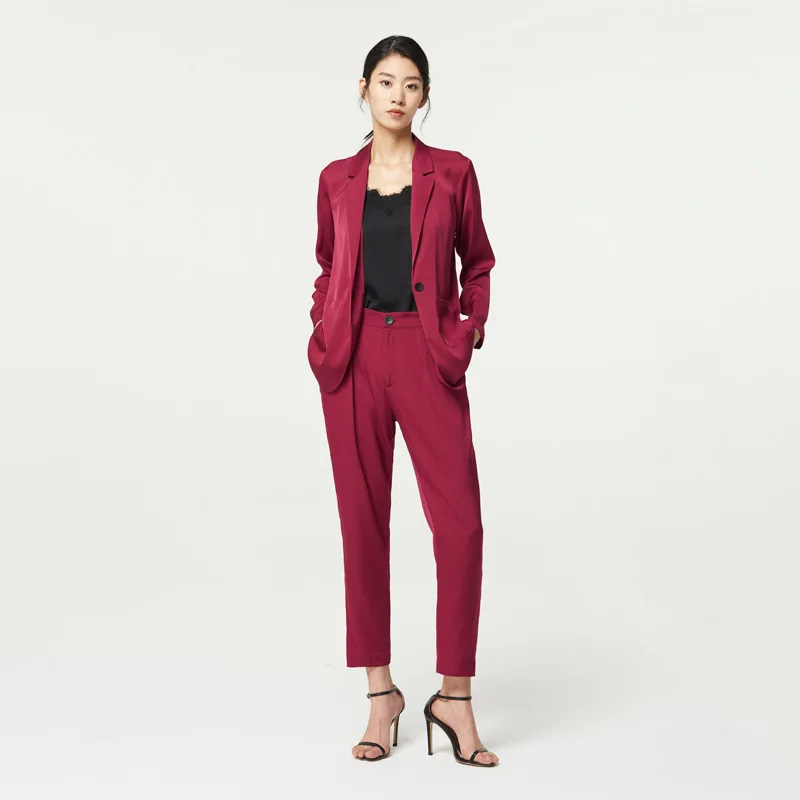 

Birdsky, 1PC Women long sleeve blazer top pants suit suits office lady 23MM 93% mulberry silk 7% spandex solid color. S-335