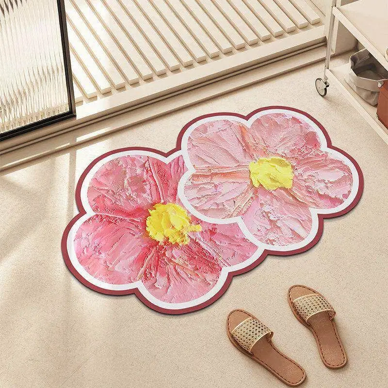 VIKAMA Green White Oil Painting Flower Bath Mat for Bathroom, Non Slip Machine Washable Floral Floor Rug Home Decor