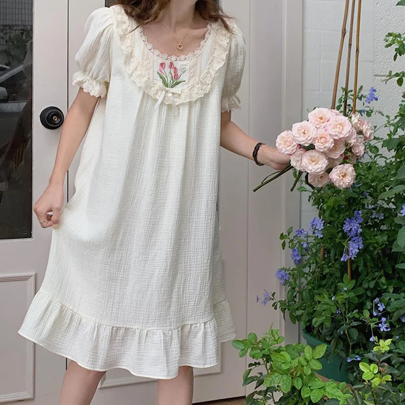 Cotton Tulip Embroidery Pajamas Women White Nightgown Lace O-Neck Short Sleeve Long Night Dress Loose Kawaii Sleepwear