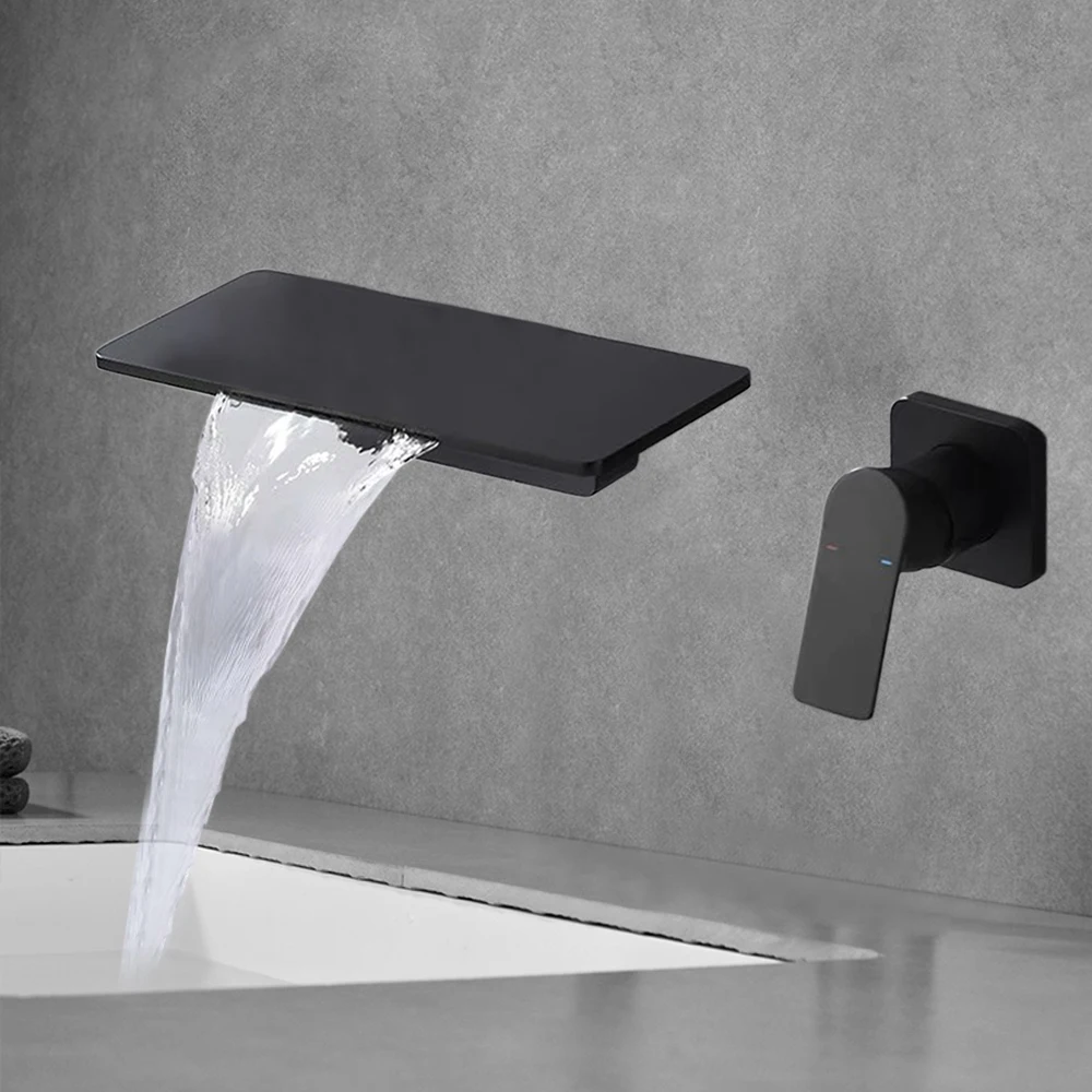 

Waterfall Spout Bathroom Sink Faucet Flat Top Basin Vanity Single Handle Vessel Mixer Tap Black 30*12 cm