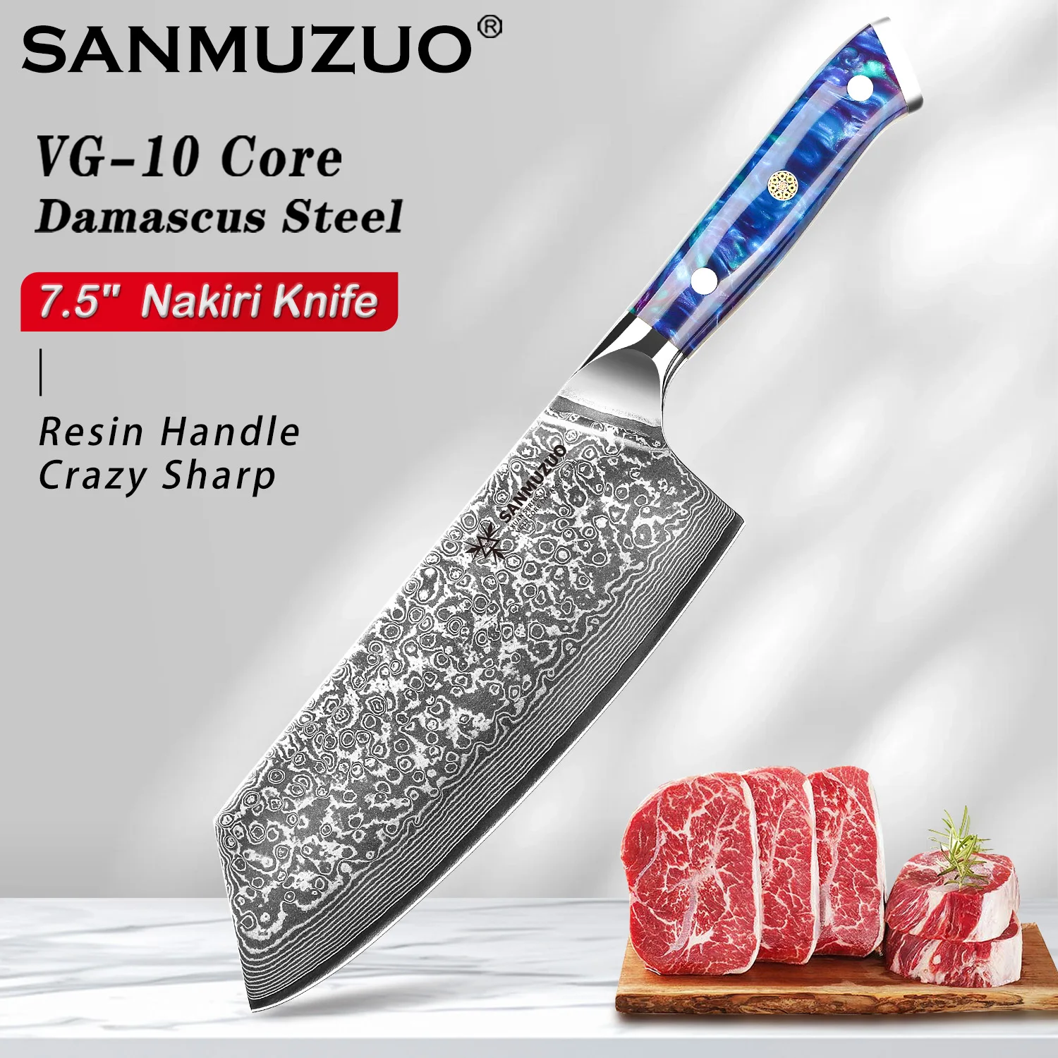 

SANMUZUO Nakiri Knife - 7.5 inch Cleaver Knife- Xuan Series - High Quality Damascus Steel Kitchen Knife - Resin Handle（BLUE）