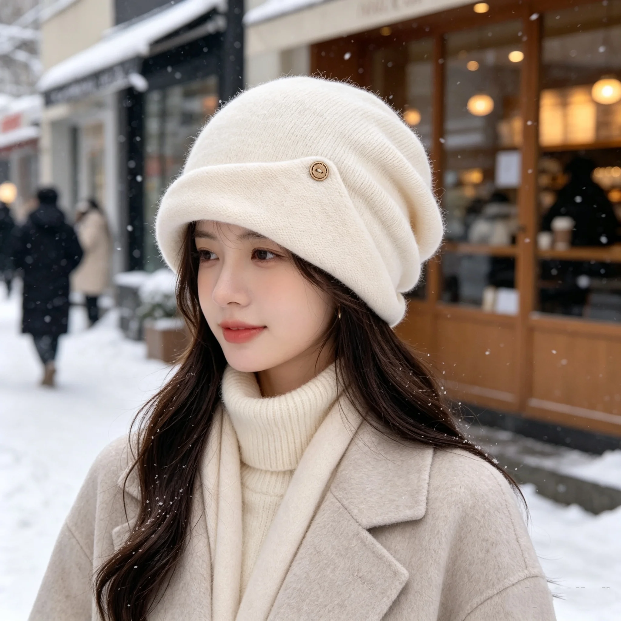 Women's Loose-Fitting Slouchy Knit Hat with Wooden Button Decoration and Cuffed Design, Soft, Warm, and Stretchy, Suitable for Daily Commuting, Outdoor Activities, and Snowy Weather