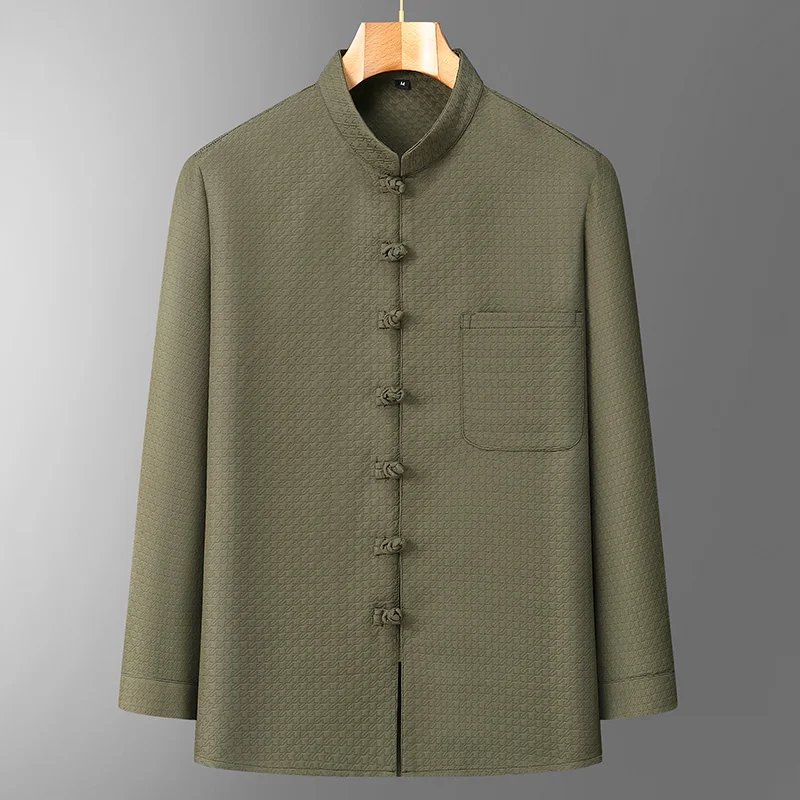 

Новая мужская рубашка-куртка в китайском стиле с длинным рукавом, на пуговицах, весна-осень, ветрозащитная, в стиле Тан, стандартный крой, молодежная мода